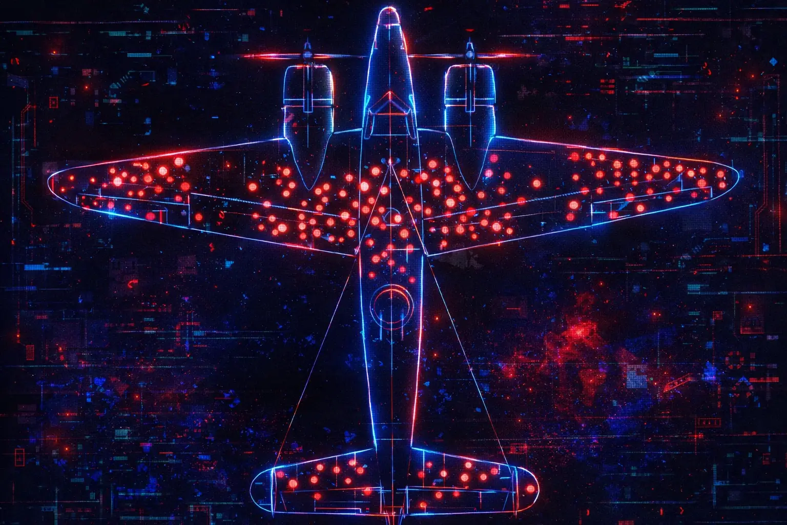 AI-generated image depicting survivorship bias — a WWII bomber diagram with bullet holes concentrated on the wings and fuselage, illustrating the areas where returning planes were hit.